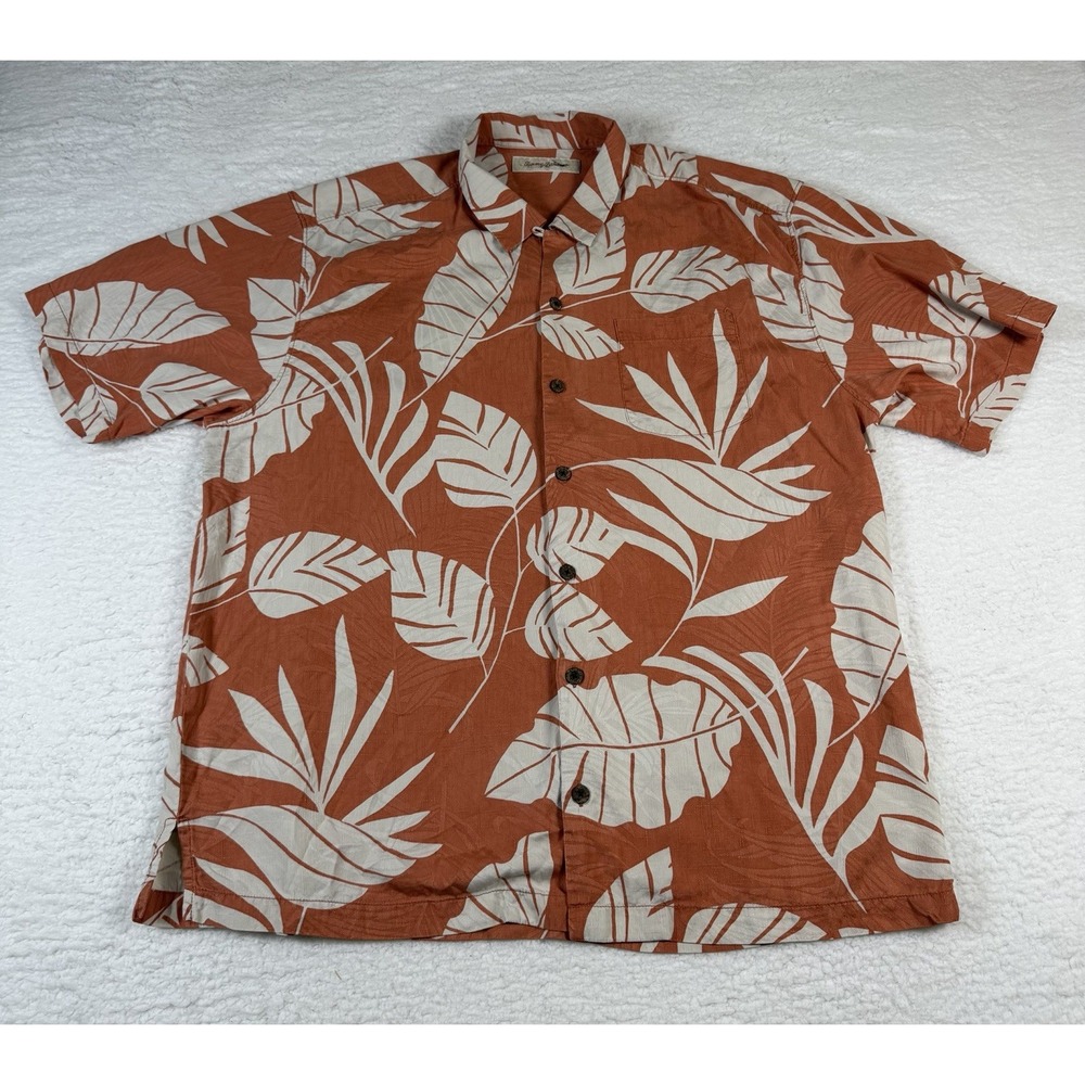 Tommy Bahama Mens Tropical Hawaiian Shirt Silk Orange Cream Leaf Camp Size Large